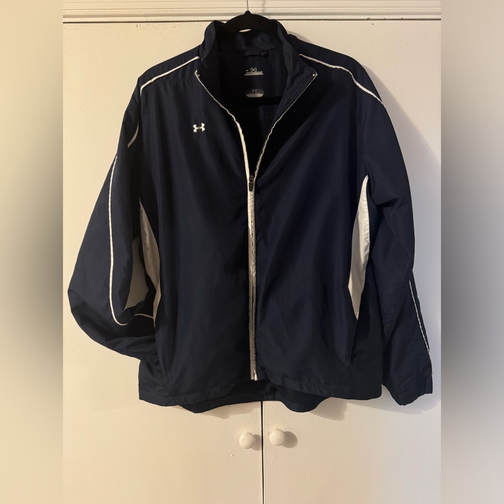Under armor, LG, navy blue, white accents, jacket no hood, zipper pockets.
